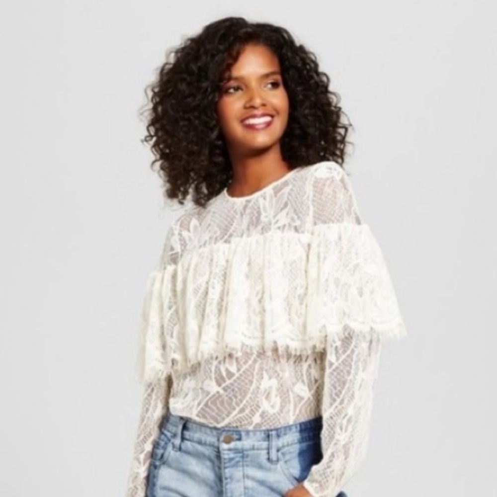 NWT Who What Wear Lace Ruffle Long Sleeve Blouse Shirt Cream
